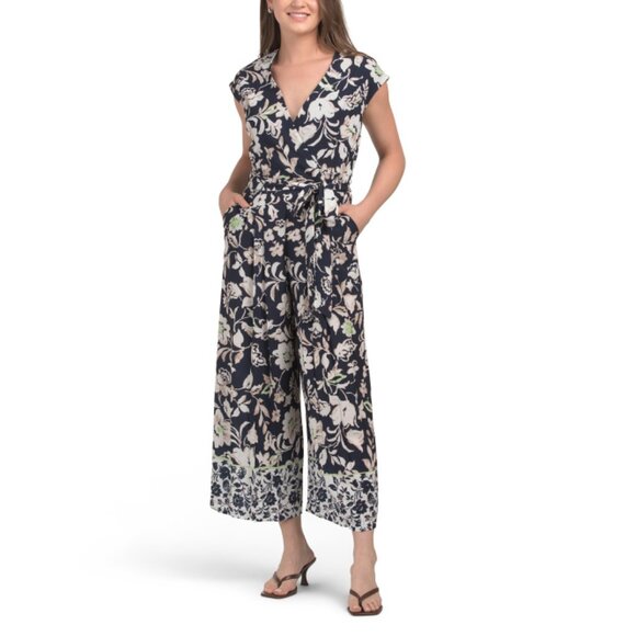 TAHARI ASL NAVY/WHITE Border Print Jumpsuit - Picture 1 of 2